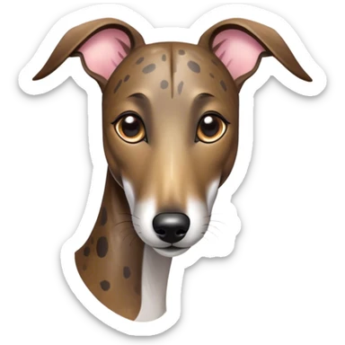 Cinematic Cute Brindle Greyhound Portrait Emoji, Head tilted playfully and inquisitively, featuring a sleek brindle Fur with subtle variations and round, sparkling eyes filled with curiosity, Simplified yet irresistibly adorable features, highly detailed, glowing with a warm, friendly glow, high shine, affectionate and nimble, stylized with a touch of whimsy, bright and endearing, soft glowing outline, capturing the essence of a mischievous yet loving companion, so playful it feels like it could sprint out of the screen and into your arms! sticker