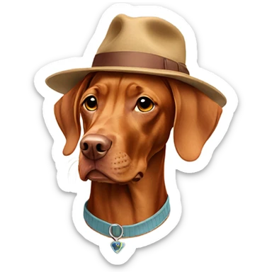 Vizsla wearing a hat sticker