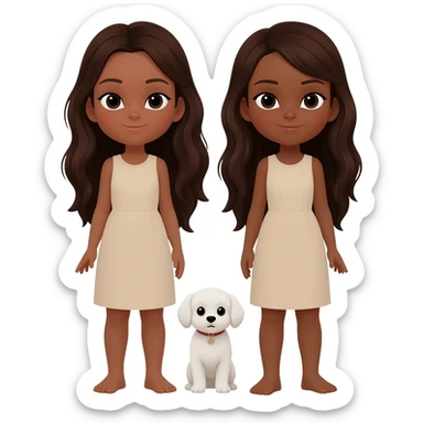 two identical girls both with very dark long brown hair and darker beige ish skin with a white dog small dog sticker