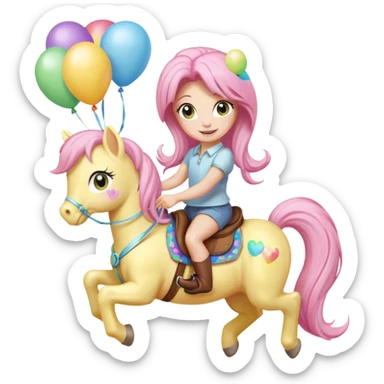 fluttershy mlp holding colorful balloons tied to its saddle, looking cheerful. sticker
