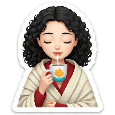 Gözleri kapalı, beyaz tenli ve dalgalı-kıvırcık siyah saçlı saç boyu orta omuzlarının biraz aşağısında bir kadın avatar, battaniyeye sarılmış halde beyaz bir Türk kahvesi fincanından içeceğini huzurla yudumluyor. sticker