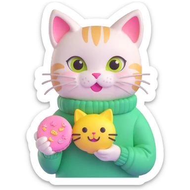 cute cat with big eyes, wearing a green sweater with yellow smiley faces, holding a pink macaron, soft and shiny, inspired by Apple emoji aesthetics, 3D iOS style emoji, variation 2 sticker