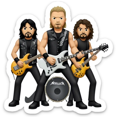 Icon for Metal Music: Metallica band members detailed in their signature look. James Hetfield with guitar, Lars Ulrich on drums, Kirk Hammett with his electric guitar, and Robert Trujillo playing bass. Bold, energetic style with musical notes, all in a heavy metal aesthetic. Transparent background. sticker
