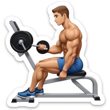 side-view bodybuilder seated weighted calf-raise machine lower leg exercise sticker