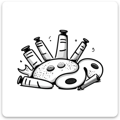 A set of artist's paints with tubes and a watercolor palette in pastel colors (dd9fb0, ffc6d3, a3bfc9, c4bee2, f1b091), hand-drawn doodle style sticker