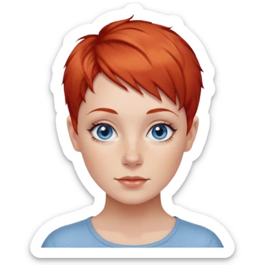 27 year old white woman, red hair, pixie cut, blue eyes sticker