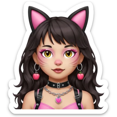 Remove all makeup and marks from the cheeks. Remove any apple. Only add subtle whiskers on the cheeks. Keep bangs, silver O-ring, light-medium Hispanic skin, long dark wavy hair, cat ears, and pink BDSM-inspired harness. Apple emoji style. sticker