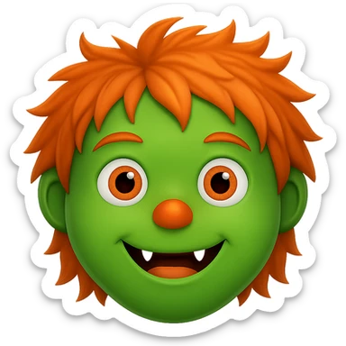 Make the monster Kelly green, give it a more oval face, and make it look friendlier. Keep the orange nose and orange hair. Preserve transparent background. sticker