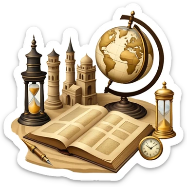 An icon featuring ancient scrolls, a quill pen, and large, old-fashioned sand clocks, symbolizing the study of history. The design includes a globe and a timeline with significant historical events, set against ruins to evoke past civilizations. Transparent background highlights the passage of time. sticker