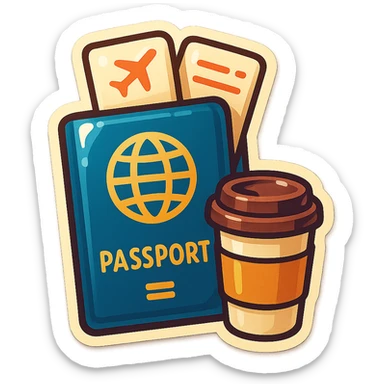 retro sticker-style illustration of a passport with two airline tickets sticking out, with a small coffee cup or to-go cup next to the passport, bold outlines, juicy colors, expressive shadows and highlights, playful and glossy look sticker