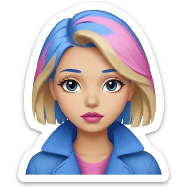 Make a girl with medium dirty blonde hair with an under coat of blue hair, add pink soft lips, lashes and  a tan skin tone sticker