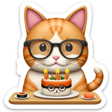cat with cool square glasses eating a birthday cake made out of sushi sticker