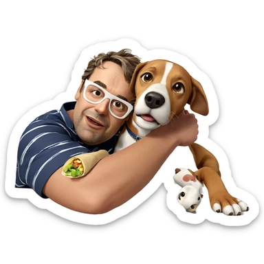 man with dog and food sticker