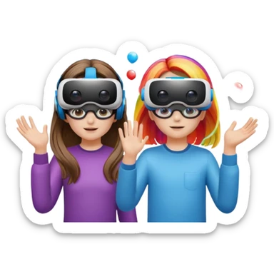 Human girl and boy Show a VR headset or AR glasses, symbolizing the immersive hair experience. Include virtual objects or a 3D scene floating in the air in front of rainbow Make the background transparent. sticker