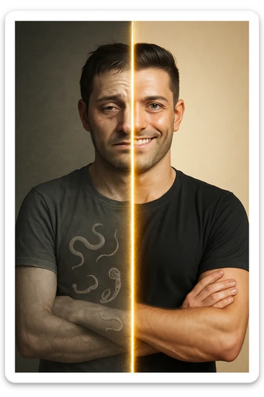 a man is depicted in two halves—on one side, he appears tired and weighed down, with faint, ghostly images of parasites visible inside his torso; on the other side, he is vibrant and healthy, with clear skin and bright eyes, the parasites gone. A visual transition or glowing line separates the two states, symbolizing recovery. sticker