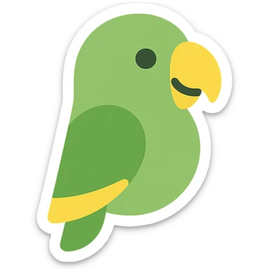 chimelo, a simple and bold parrot mascot, green with yellow accents, looking cheerful sticker