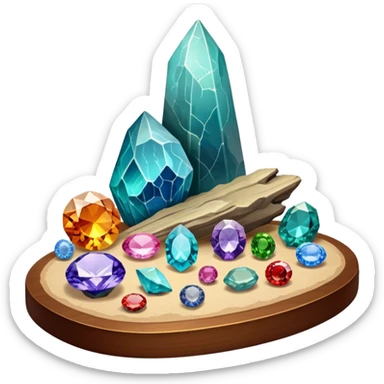 Icon for Mineral, Stone & Fossil Collecting: a display of various colorful minerals, gemstones, and fossils, arranged neatly on a table or shelf. The icon should reflect the beauty and scientific interest of collecting natural specimens. Transparent background. sticker