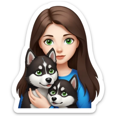 girl with long brown hair green eyes holding a black and white husky with blue eyes sticker