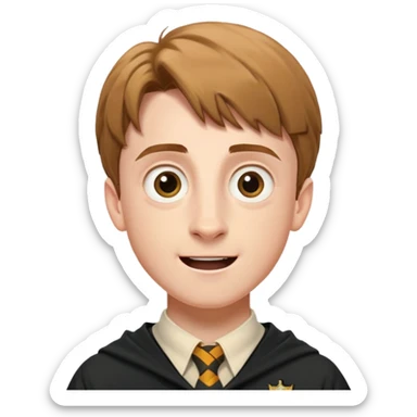 Hugh Mitchell is colin creevey in harry potter, wear hogwarts uniform,  Short light brown hair, small and skinny, with a perpetual look of excitement on his face. sticker