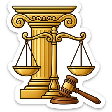 Vector illustration of a classic symbol of law (e.g. scales of justice, gavel, courthouse column), designed with elegant and refined lines. Include intricate golden detailing, soft gradients for a polished metallic look, and realistic shadows and highlights for depth. Style should be clean and professional, with a modern yet timeless feel. Transparent background sticker