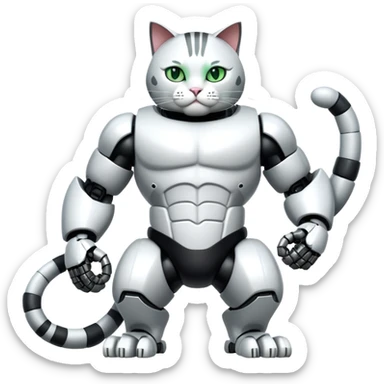 Robot Buff Jacked up Huge jumbo Super Duper Muscular Cat with a 10 pack full body black and white tuxedo colored body and green eyes and abs sticker