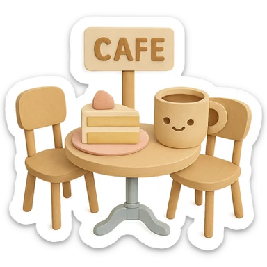 Regenerate a kawaii coffee shop table and chairs set with cake and coffee in the same paper craft style as the reference image. Enhance the quality with more detail, soft pastel colors, and maintain the transparent background and hand-drawn look. Emphasize cuteness and texture in the design. sticker