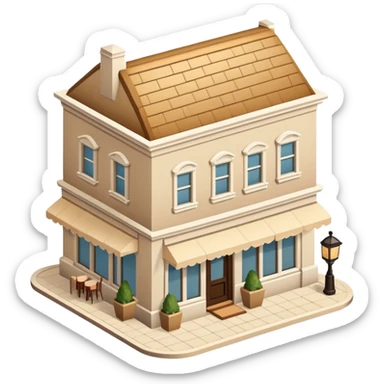 Upscale restaurant exterior, beige, isometric dollhouse-style, realistic sticker