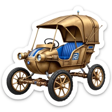 Old American West tarnished R2D2 C-3PO bounty hunter 1854 delicately ornate rosegold accents painted dune buggy buckboard wagon powered by electric motors and batteries with safety and belts flying rapidly roughening terrain stable on strong agile steampunk cantilever suspension and steering  sticker