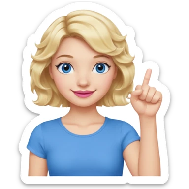 Girl Blonde short wavy hair,  blue eyes, cute blue top, long lashes, pink lips, smiling, fist bump sticker