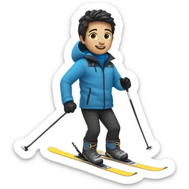 Boy with blue skis on feet. Black pants on legs. And gray jacket on body. Actively skiing  sticker