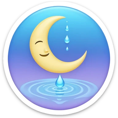 Minimalist pastel emoji of a crescent moon resting inside a glowing blue water droplet with soft ripples and a lavender-mint glow aura, smooth gradients, gentle lighting, ASMR aesthetic. sticker