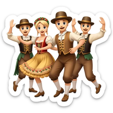 Cinematic Realistic Schuhplattler Dance Emoji, depicted as a lively traditional folk dance scene with performers in authentic Bavarian costumes, rendered with dynamic textures and festive natural lighting that captures the spirit of rural celebration. sticker