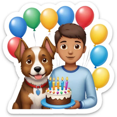 boy and his dog at party with balloons and cake sticker