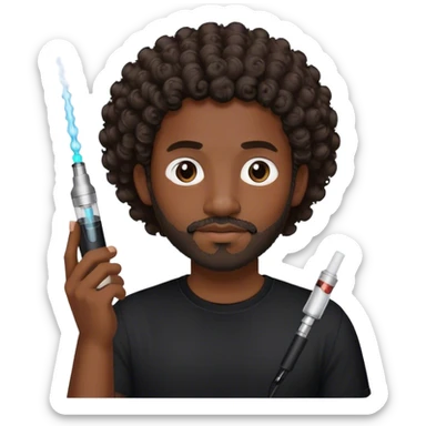 dark black guy, short curly hair, facial hair, holding vape, black shirt  sticker