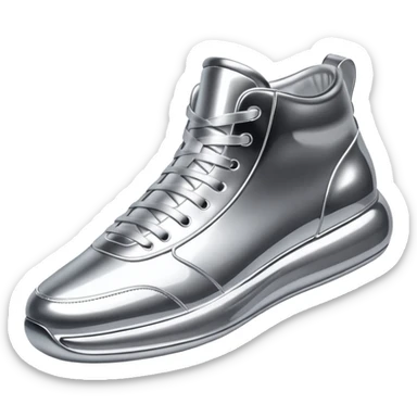A pair of futuristic sneakers emoji made of silver chrome, sleek streetwear design, smooth metallic panels, subtle reflections, luxury swag aesthetic, iOS emoji style, centered, clean white background sticker