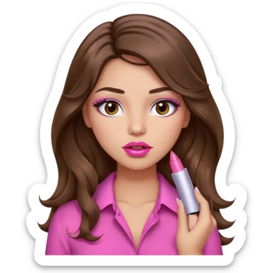 girl with long wavy brown hair, brown eyes, light to medium complexion, in a pink sexy shirt, pink lips, long lashes, puckered lips, putting on lipstick sticker