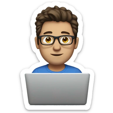 white guy with no beard dark brown hair brad pit style and square glasses typing in laptop wearing blue t-shirt sticker