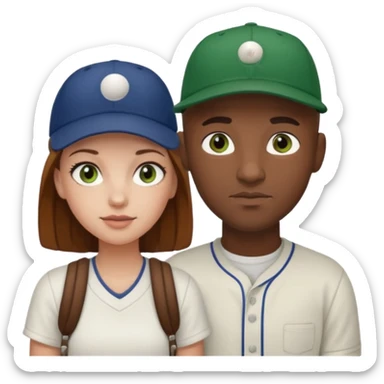 Black bald guy baseball cap  white girl brown hair green eyes sticker