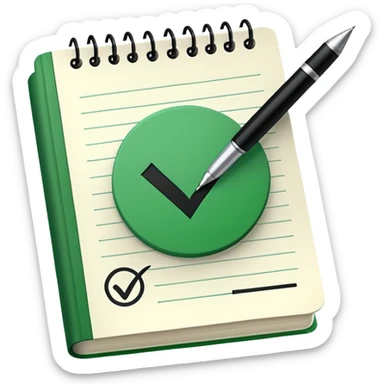 Notes book with pen and massive green tick sticker