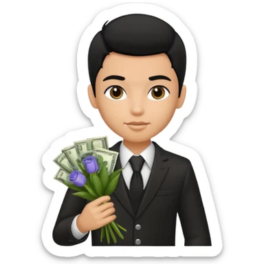 a pretty bratz boy with black hair, holding a bouquet made of money sticker