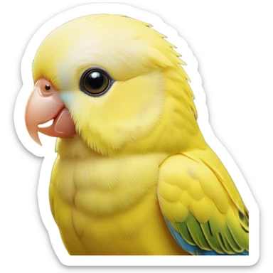 Cinematic Noble Yellow Budgie Portrait Emoji, Poised and regal, with a petite, delicate build and a smooth, well-groomed fur of brilliant yellow feathers, deep-set soulful dark eyes, Simplified yet sharp and sophisticated features, highly detailed, glowing with a soft, dignified glow, high shine, intelligent and charming, stylized with an air of elegance, focused and attentive, soft glowing outline, capturing the essence of a watchful and confident avian companion, so majestic it feels as though it could flutter out of the screen with effortless authority! sticker