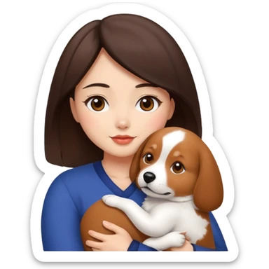 a beautiful woman with medium length dark brown hair and brown eyes, a bit chubby, hugs a beagle and japanese spitz dog  sticker