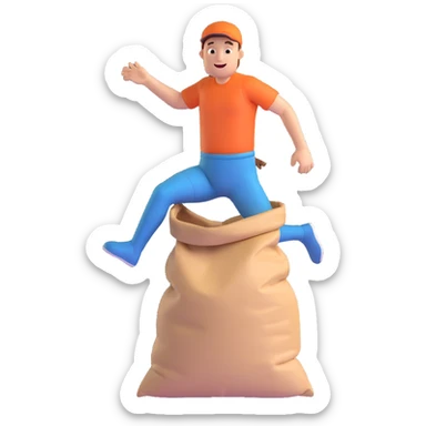 a man with both legs inside of a sack up to the waist, jumping, energetic, playful, 3D style sticker