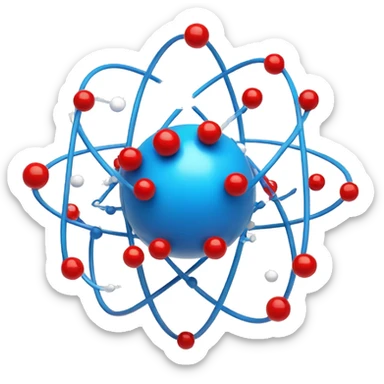An atom with small blue and red spheres at the center and white spheres orbiting around the exterior sticker