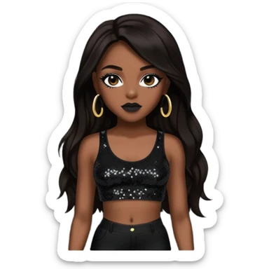 Aaliyah with black sequin crop top and pants, long dark brown hair sticker