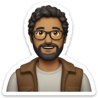 man with beard and dark hair below the shoulders, wearing red square glasses sticker