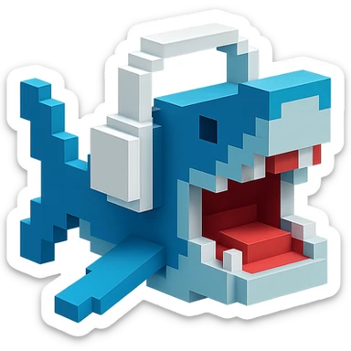 voxel style shark with white headphones, open mouth, blocky, blue and silver, no background sticker