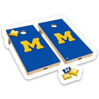 Cornhole board blue and yellow with Michigan “M” With a yellow cornhole bag sticker