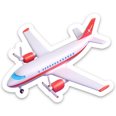 Make an airplane emoji that looks exactly like the reference image, ignoring the crocodile. Style it in iOS emoji style with 3D, shiny, smooth gradients, soft shadows, realistic airplane shape, classic emoji look, and add a subtle highlight to the airplane body. sticker