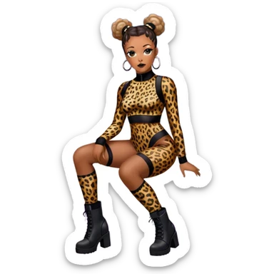 Melanie Brown with her hair in space buns and wearing a tight leopard print two piece bodysuit and black combat boots sticker